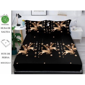 Cearsaf cu elastic tip husa din FINET pentru saltea 180x200+25cm si doua fete de perna 52x80cm, Elegant Home Pucioasa, Mos Craciun, Negru-Auriu