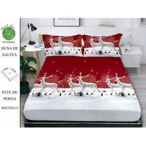 Cearsaf cu elastic tip husa din FINET pentru saltea 180x200+25cm si doua fete de perna 52x80cm, Elegant Home Pucioasa, Mos Craciun, Rosu-Alb Cearsaf cu elastic tip husa din FINET pentru saltea 180x200+25cm si doua fete de perna 52x80cm, Elegant Home Pucioasa, Mos Craciun, Rosu-Alb