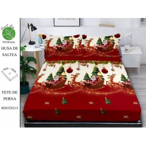 Cearsaf cu elastic tip husa din FINET pentru saltea 180x200+25cm si doua fete de perna 52x80cm, Elegant Home Pucioasa, Mos Craciun, Rosu-Crem