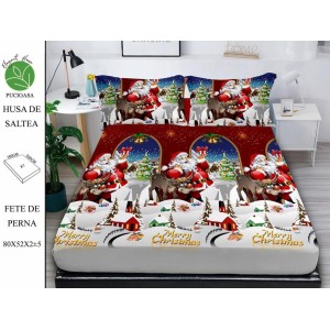 Cearsaf cu elastic tip husa din FINET pentru saltea 180x200+25cm si doua fete de perna 52x80cm, Elegant Home Pucioasa, Mos Craciun, Multicolor