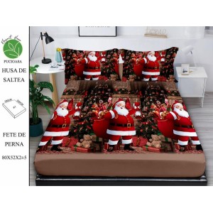 Cearsaf cu elastic tip husa din FINET pentru saltea 180x200+25cm si doua fete de perna 52x80cm, Elegant Home Pucioasa, Mos Craciun, Rosu-Maro