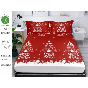 Cearsaf cu elastic tip husa din FINET pentru saltea 180x200+25cm si doua fete de perna 52x80cm, Elegant Home Pucioasa, Mos Craciun, Alb-Rosu