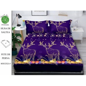 Cearsaf cu elastic tip husa din FINET pentru saltea 180x200+25cm si doua fete de perna 52x80cm, Elegant Home Pucioasa, Mos Craciun, Mov