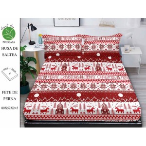 Cearsaf cu elastic tip husa din FINET pentru saltea 180x200+25cm si doua fete de perna 52x80cm, Elegant Home Pucioasa, Mos Craciun, Alb-Visiniu