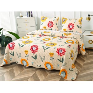 Cuvertura pat dublu din Bumbac Satinat Superior, 3 PIESE, Crem-Multicolor, flori