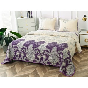 Cuvertura pat dublu din Bumbac Satinat Superior, 3 PIESE, Crem-Mov, model elegant