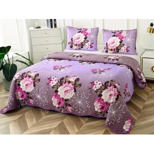 Cuvertura pat dublu din Bumbac Satinat Superior, 3 PIESE, Mov, flori