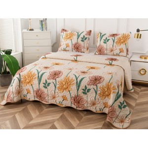 Cuvertura pat dublu din Bumbac Satinat Superior, 3 PIESE, Bej-Verde, flori, frunze