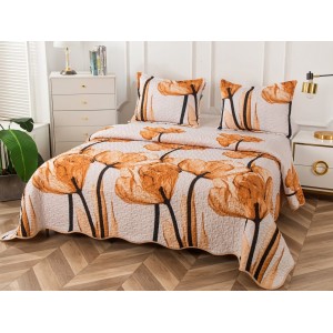 Cuvertura pat dublu din Bumbac Satinat Superior, 3 PIESE, Bej-Portocaliu, flori