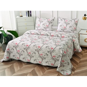 Cuvertura pat dublu din Bumbac Satinat Superior, 3 PIESE, Gri-Roz, crengute