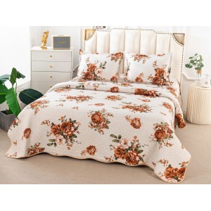 Cuvertura pat dublu din Bumbac Satinat Superior, 3 PIESE, Bej-Maro, flori