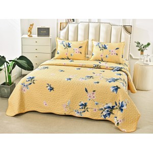 Cuvertura pat dublu din Bumbac Satinat Superior, 3 PIESE, Galben-Albastru, flori