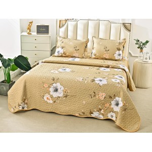 Cuvertura pat dublu din Bumbac Satinat Superior, 3 PIESE, Bej-Alb, flori