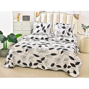 Cuvertura pat dublu din Bumbac Satinat Superior, 3 PIESE, Crem-Negru, frunze