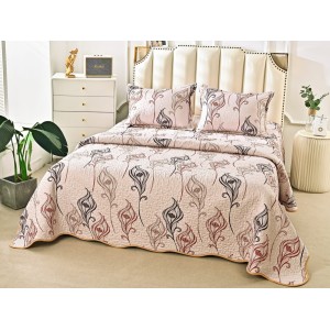 Cuvertura pat dublu din Bumbac Satinat Superior, 3 PIESE, Bej-Maro, flori