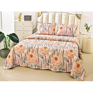 Cuvertura pat dublu din Bumbac Satinat Superior, 3 PIESE, Crem-Rosu, trandafiri