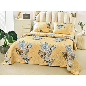 Cuvertura pat dublu din Bumbac Satinat Superior, 3 PIESE, Galben-Gri, flori