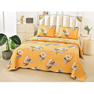 Cuvertura pat dublu din Bumbac Satinat Superior, 3 PIESE, Galben-Albastru, flori