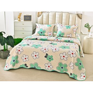 Cuvertura pat dublu din Bumbac Satinat Superior, 3 PIESE, Crem-Verde, flori