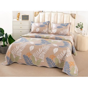 Cuvertura pat dublu din Bumbac Satinat Superior, 3 PIESE, Multicolor, frunze