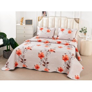 Cuvertura pat dublu din Bumbac Satinat Superior, 3 PIESE, Gri-Rosu, flori