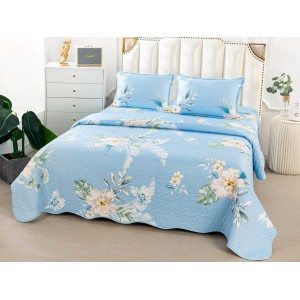 Cuvertura pat dublu din Bumbac Satinat Superior, 3 PIESE, Bleu, flori