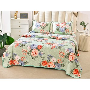 Cuvertura pat dublu din Bumbac Satinat Superior, 3 PIESE, Verde-Multicolor, flori