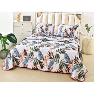 Cuvertura pat dublu din Bumbac Satinat Superior, 3 PIESE, Crem-Multicolor, frunze