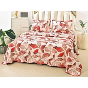 Cuvertura pat dublu din Bumbac Satinat Superior, 3 PIESE, Maro-Rosu, frunze