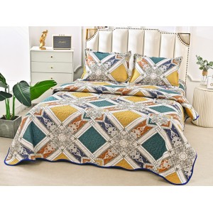 Cuvertura pat dublu din Bumbac Satinat Superior, 3 PIESE, Galben-Verde, romburi