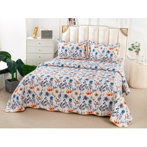 Cuvertura pat dublu din Bumbac Satinat Superior, 3 PIESE, Albastru-Bej, flori