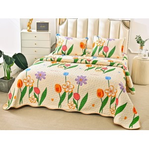 Cuvertura pat dublu din Bumbac Satinat Superior, 3 PIESE, Crem-Multicolor, lalele