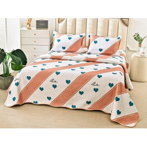 Cuvertura pat dublu din Bumbac Satinat Superior, 3 PIESE, Turquoise-Maro, inimioare