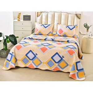 Cuvertura pat dublu din Bumbac Satinat Superior, 3 PIESE, Multicolor, romburi, inimioare