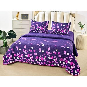 Cuvertura pat dublu din Bumbac Satinat Superior, 3 PIESE, Mov, inimioare