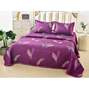 Cuvertura pat dublu din Bumbac Satinat Superior, 3 PIESE, Mov, pene