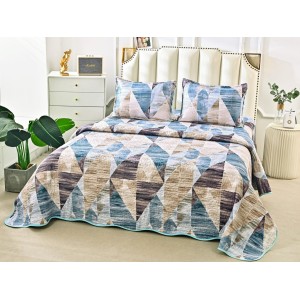 Cuvertura pat dublu din Bumbac Satinat Superior, 3 PIESE, Bleu-Bej, abstract