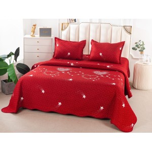 Cuvertura pat dublu din Bumbac Satinat Superior, 3 PIESE, Rosu-Alb, inimioare, stelute