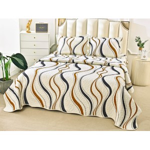 Cuvertura pat dublu din Bumbac Satinat Superior, 3 PIESE, Bej-Maro, abstract