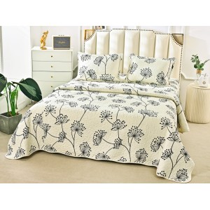 Cuvertura pat dublu din Bumbac Satinat Superior, 3 PIESE, Crem-Negru, papadii