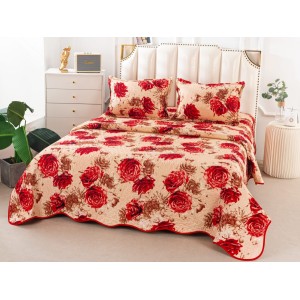 Cuvertura pat dublu din Bumbac Satinat Superior, 3 PIESE, Crem-Rosu, trandafiri