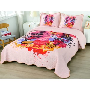 Cuvertura pat dublu, din bumbac tip finet, Identica cu Poza, 3 PIESE, Rosu, Mickey&Minnie Mouse