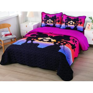 Cuvertura pat dublu, din bumbac tip finet, Identica cu Poza, 3 PIESE, Roz, Mickey&Minnie Mouse