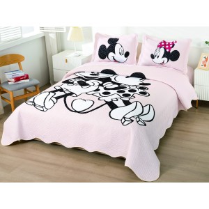 Cuvertura pat dublu, din bumbac tip finet, Identica cu Poza, 3 PIESE, Alb, Mickey&Minnie Mouse