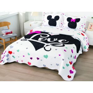 Cuvertura pat dublu, din bumbac tip finet, Identica cu Poza, 3 PIESE, Alb, Mickey&Minnie Mouse, inimioare