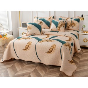 Cuvertura pat dublu din Bumbac Finet, 5 PIESE, Bej-Auriu, pene