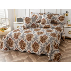 Cuvertura pat dublu din Bumbac Finet, 5 PIESE, Bej-Maro-Gri, model elegant