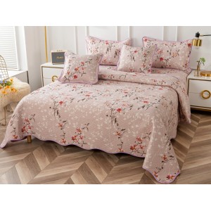 Cuvertura pat dublu din Bumbac Finet, 5 PIESE, Crem-Roz, flori