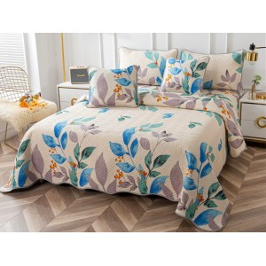 Cuvertura pat dublu din Bumbac Finet, 5 PIESE, Crem-Multicolor, frunze