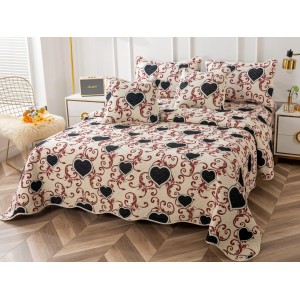 Cuvertura pat dublu din Bumbac Finet, 5 PIESE, Crem-Maro-Negru, inimioare